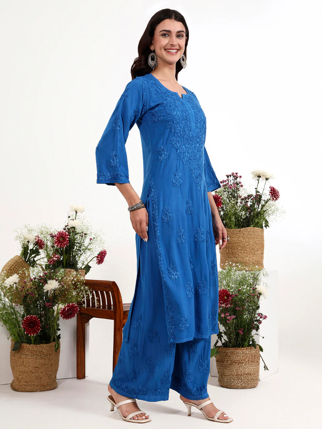 Qirat Rayon Chikankari Kurti Palazzo Set - Blue - Image 5