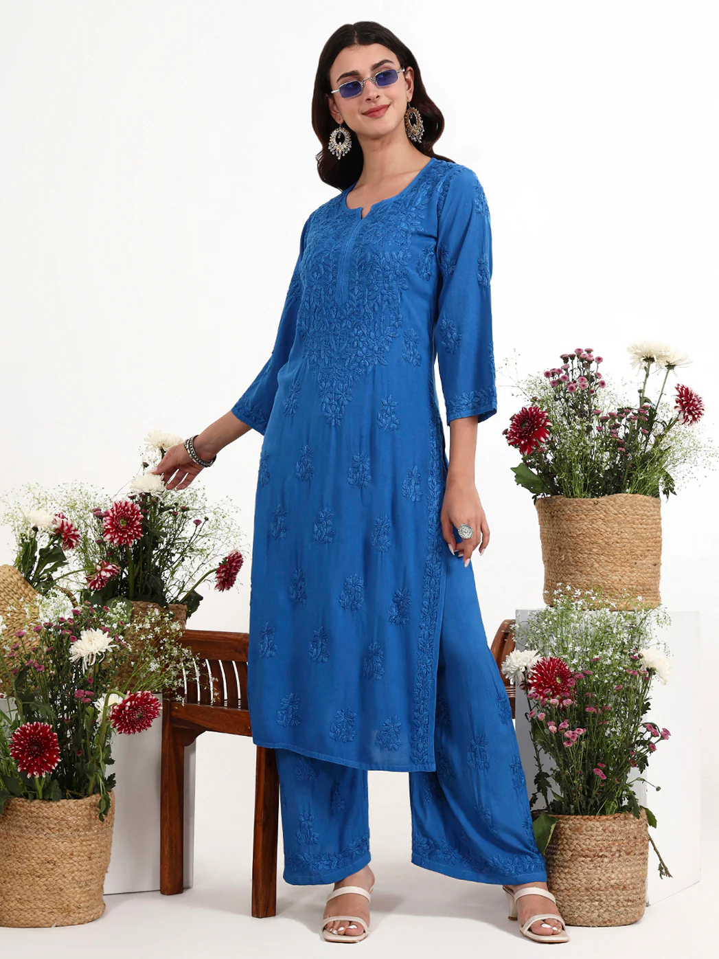 Qirat Rayon Chikankari Kurti Palazzo Set - Blue - Image 6
