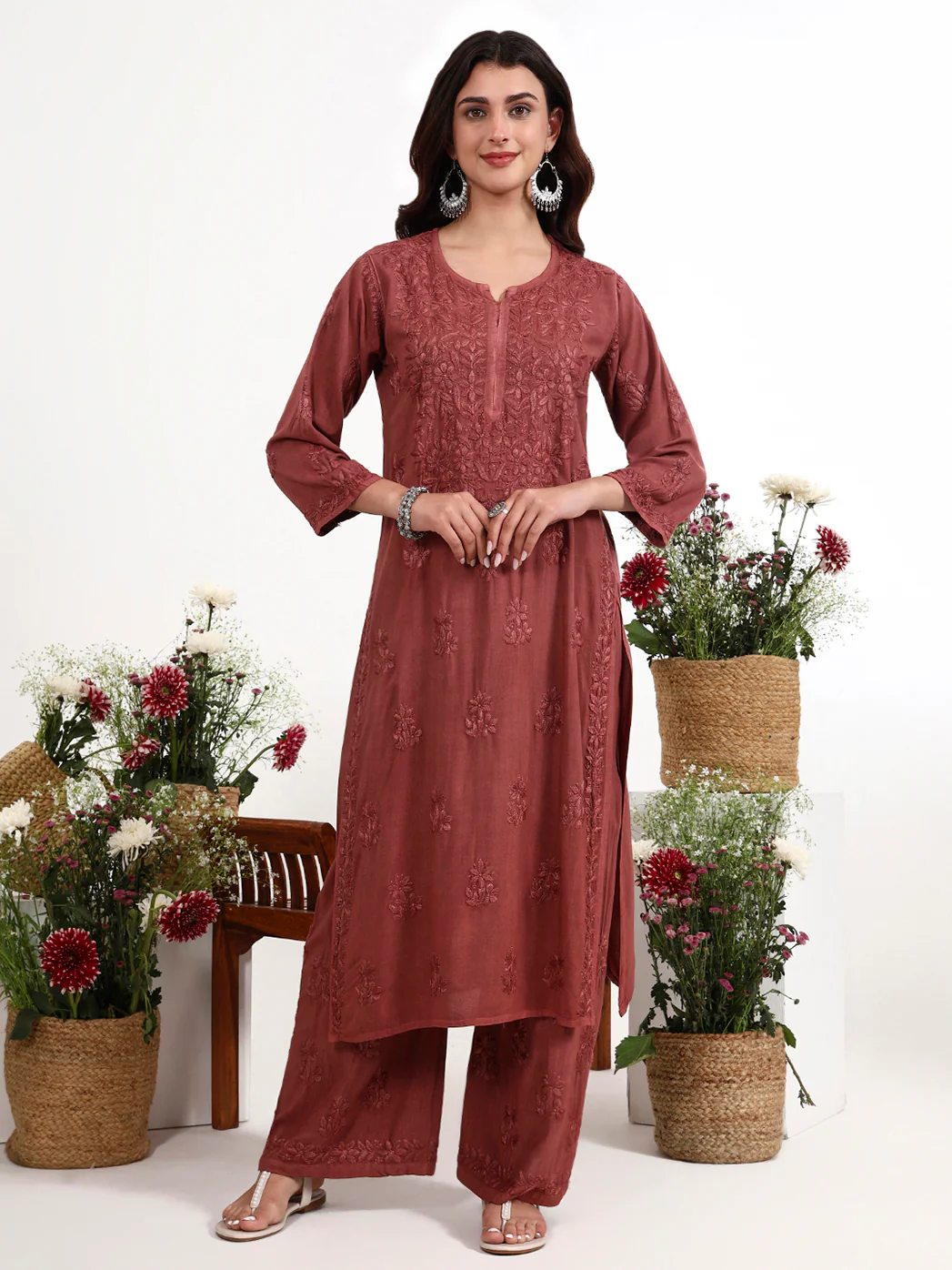 Qirat Rayon Chikankari Kurti Palazzo Set - Brown