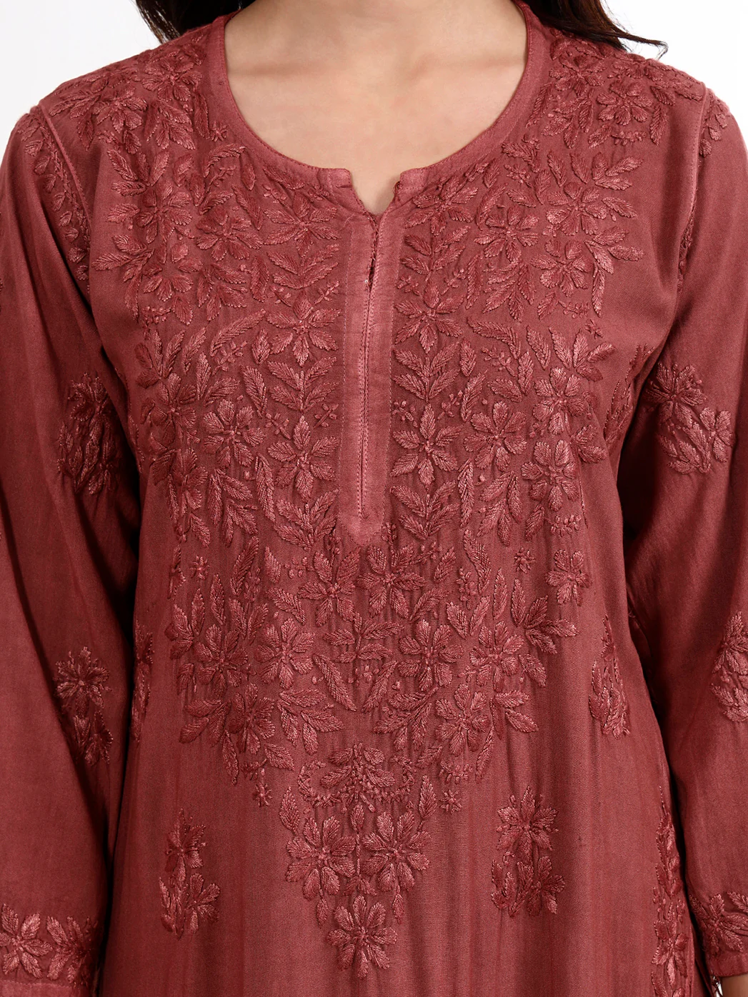 Qirat Rayon Chikankari Kurti Palazzo Set - Brown - Image 2