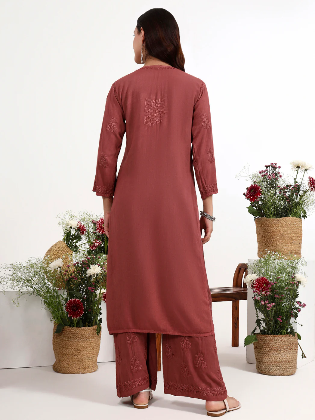 Qirat Rayon Chikankari Kurti Palazzo Set - Brown - Image 3