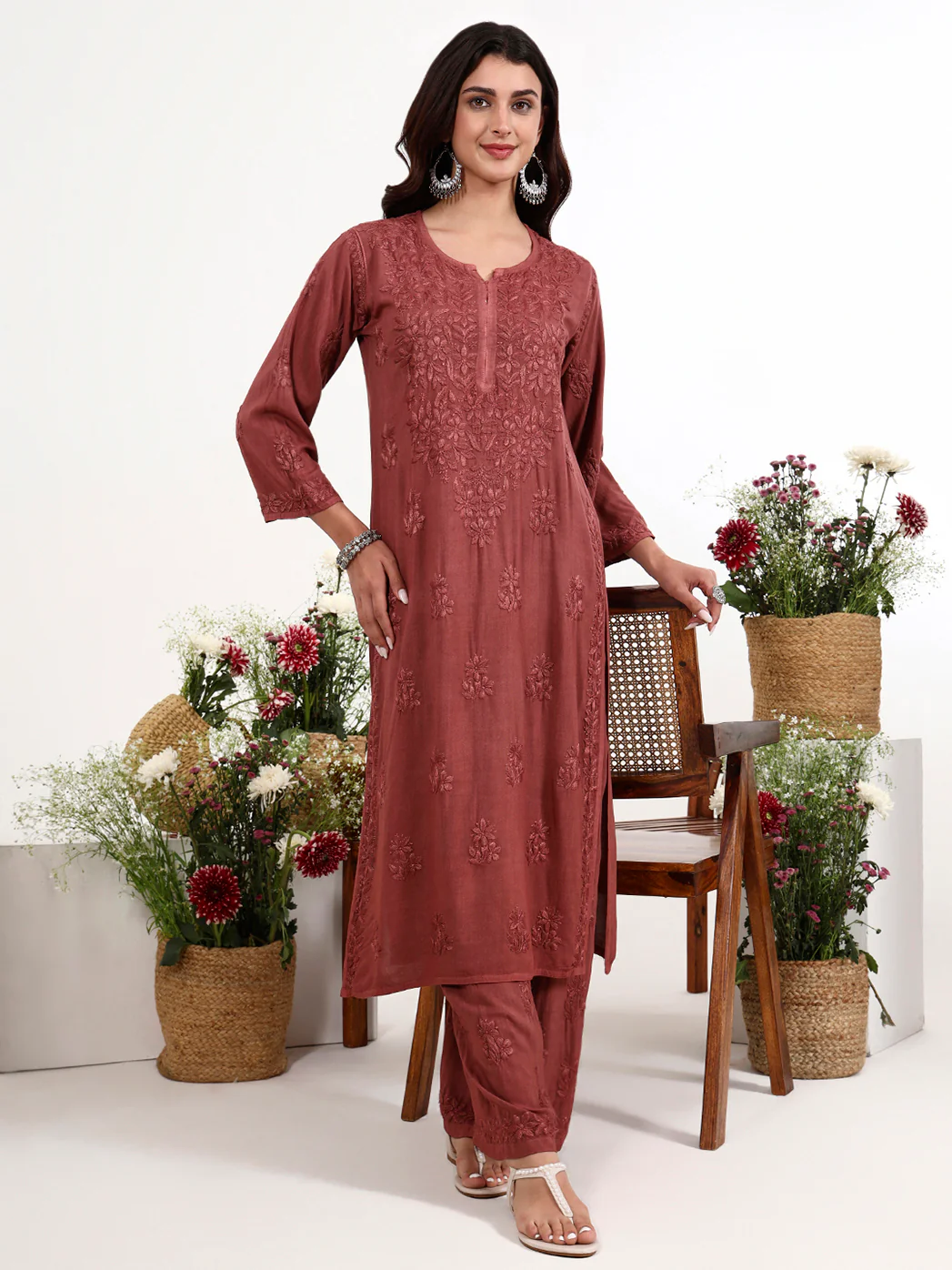 Qirat Rayon Chikankari Kurti Palazzo Set - Brown - Image 4