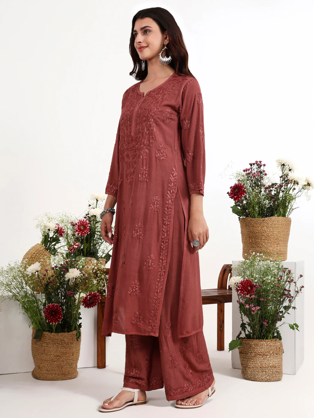 Qirat Rayon Chikankari Kurti Palazzo Set - Brown - Image 5