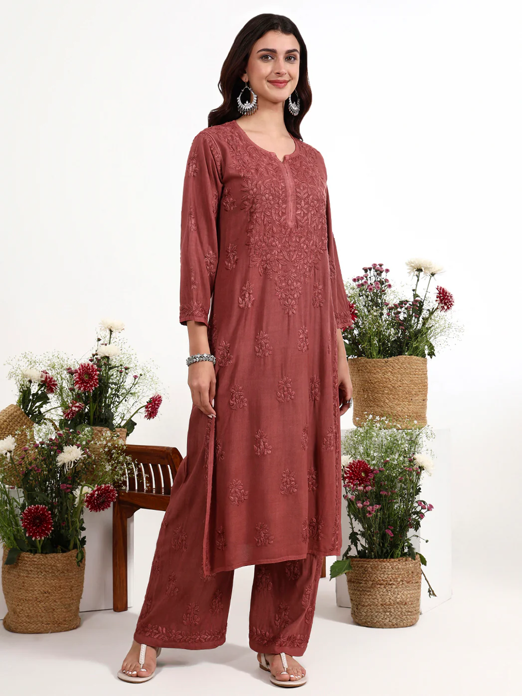 Qirat Rayon Chikankari Kurti Palazzo Set - Brown - Image 6