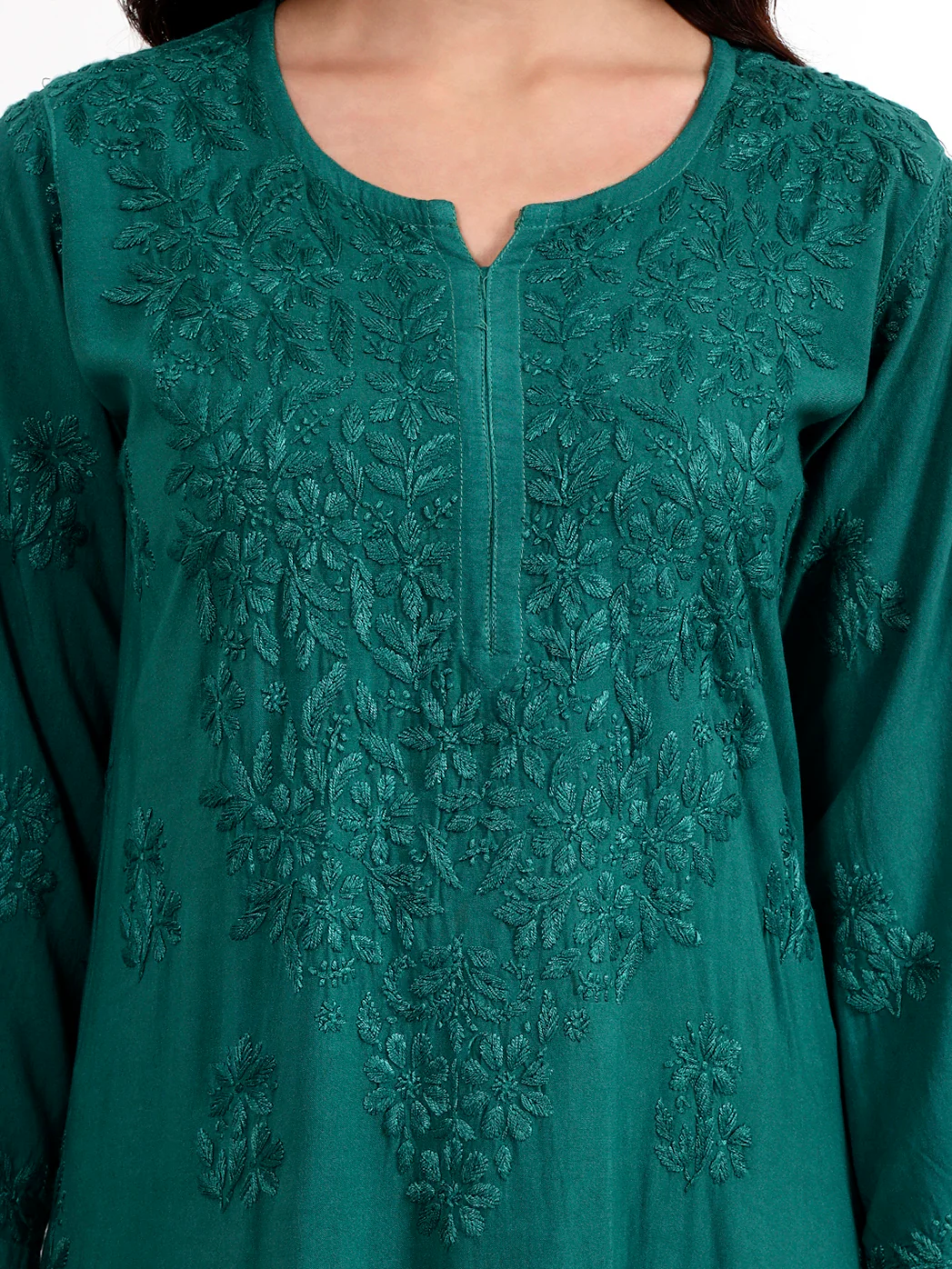 Qirat Rayon Chikankari Kurti Palazzo Set - Green - Image 2
