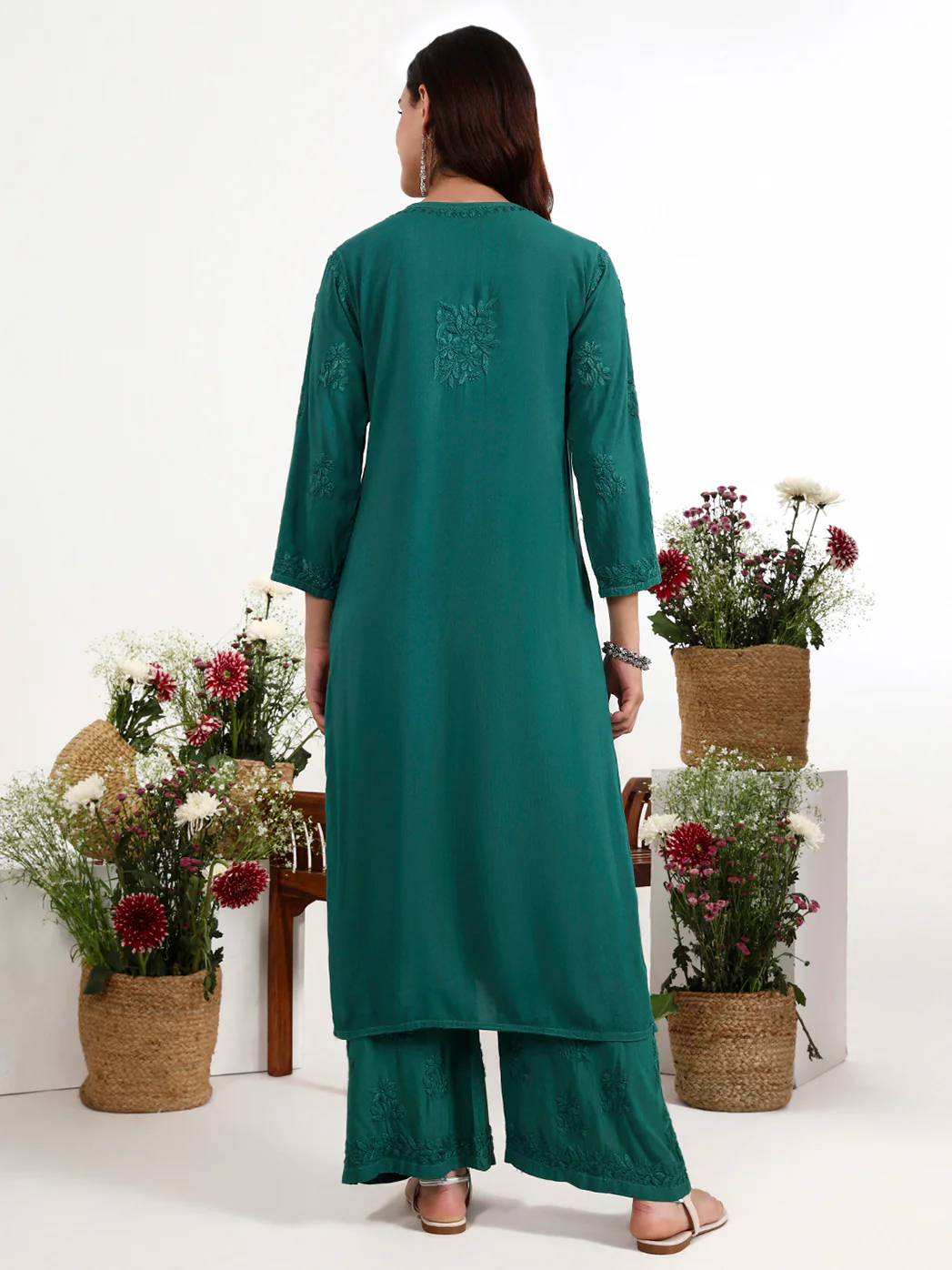 Qirat Rayon Chikankari Kurti Palazzo Set - Green - Image 3