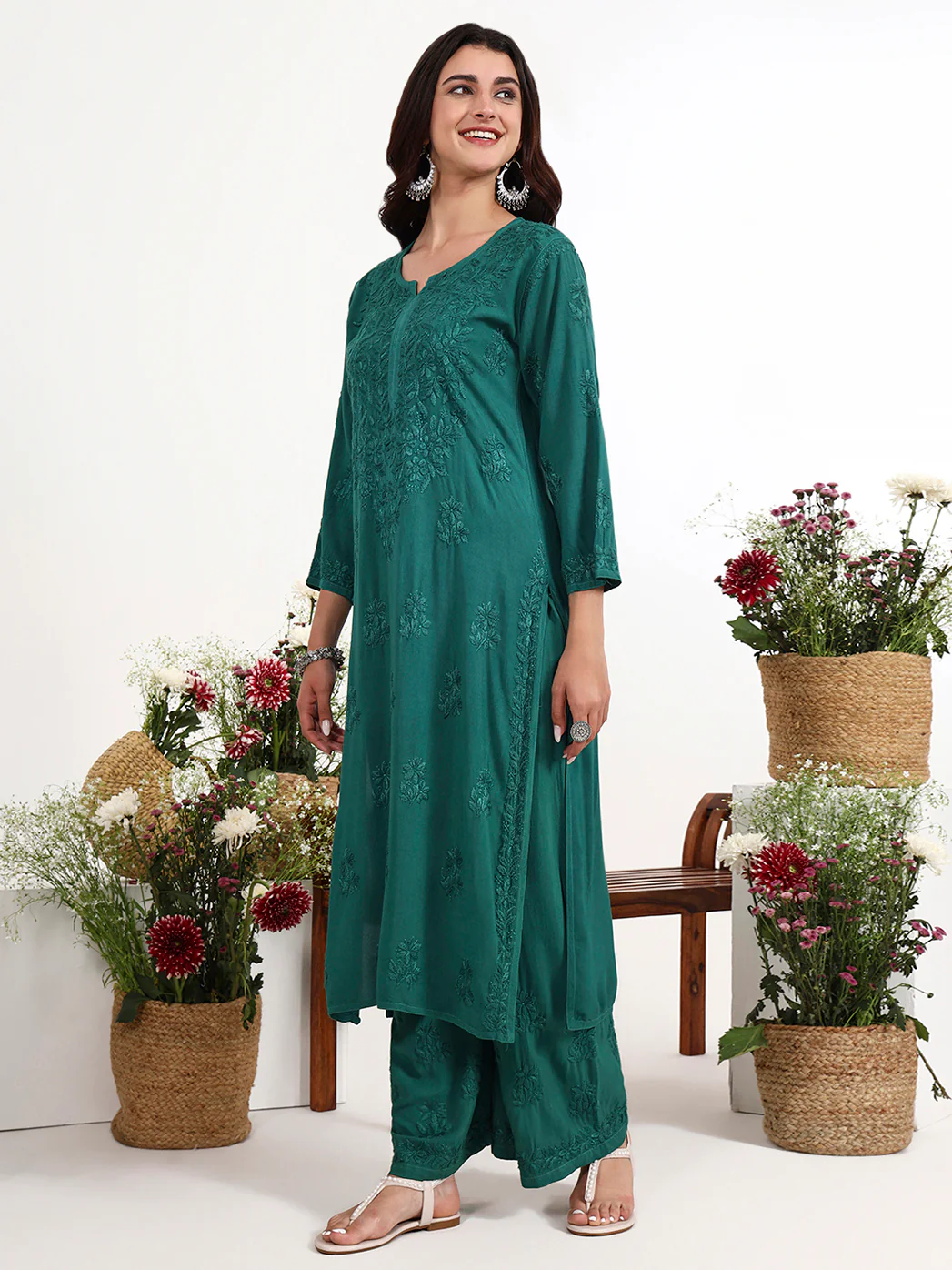 Qirat Rayon Chikankari Kurti Palazzo Set - Green - Image 4