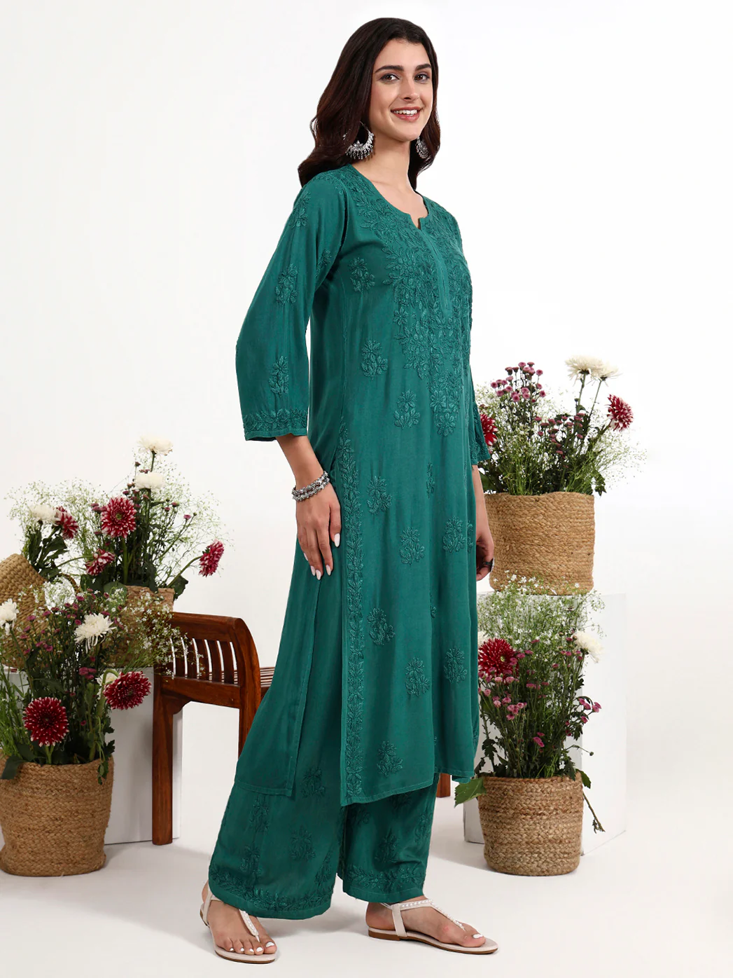 Qirat Rayon Chikankari Kurti Palazzo Set - Green - Image 5