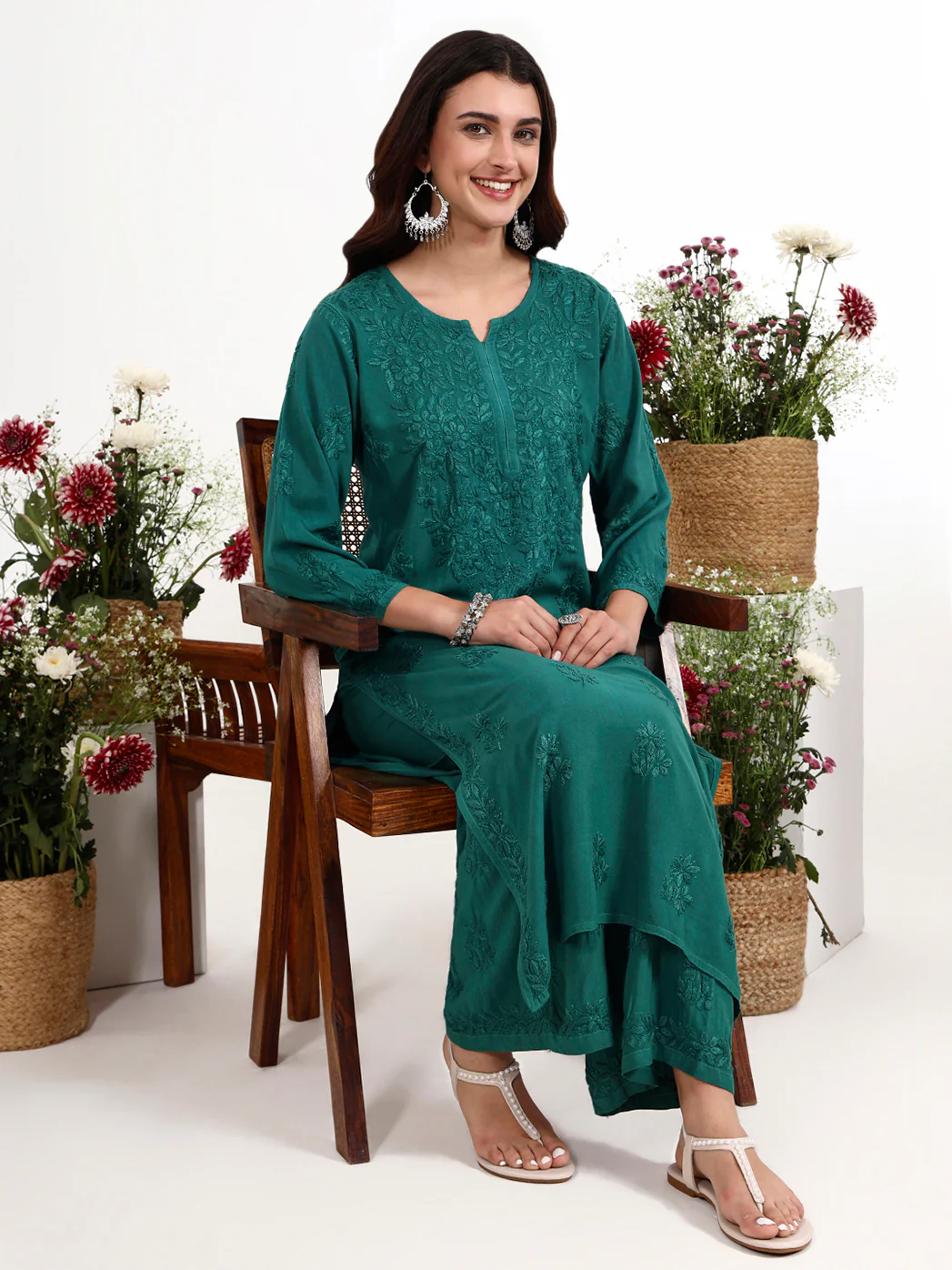 Qirat Rayon Chikankari Kurti Palazzo Set - Green - Image 6