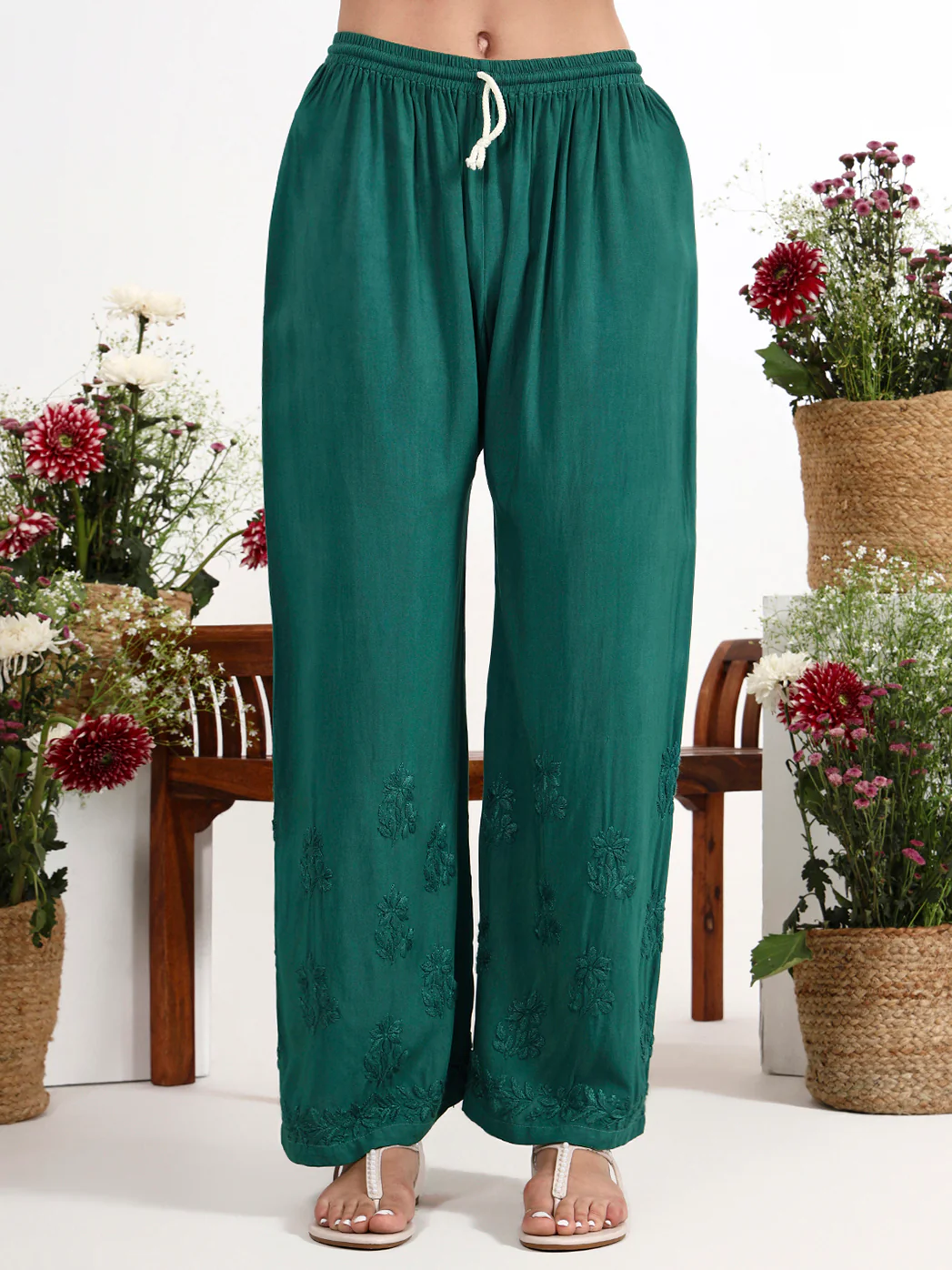 Qirat Rayon Chikankari Kurti Palazzo Set - Green - Image 7