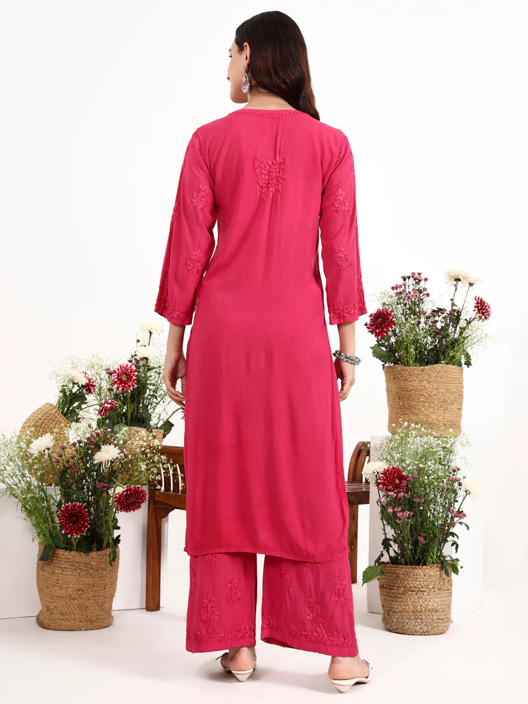 Qirat Rayon Chikankari Kurti Palazzo Set - Pink - Image 3