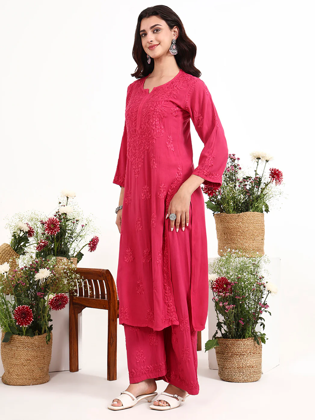Qirat Rayon Chikankari Kurti Palazzo Set - Pink - Image 4