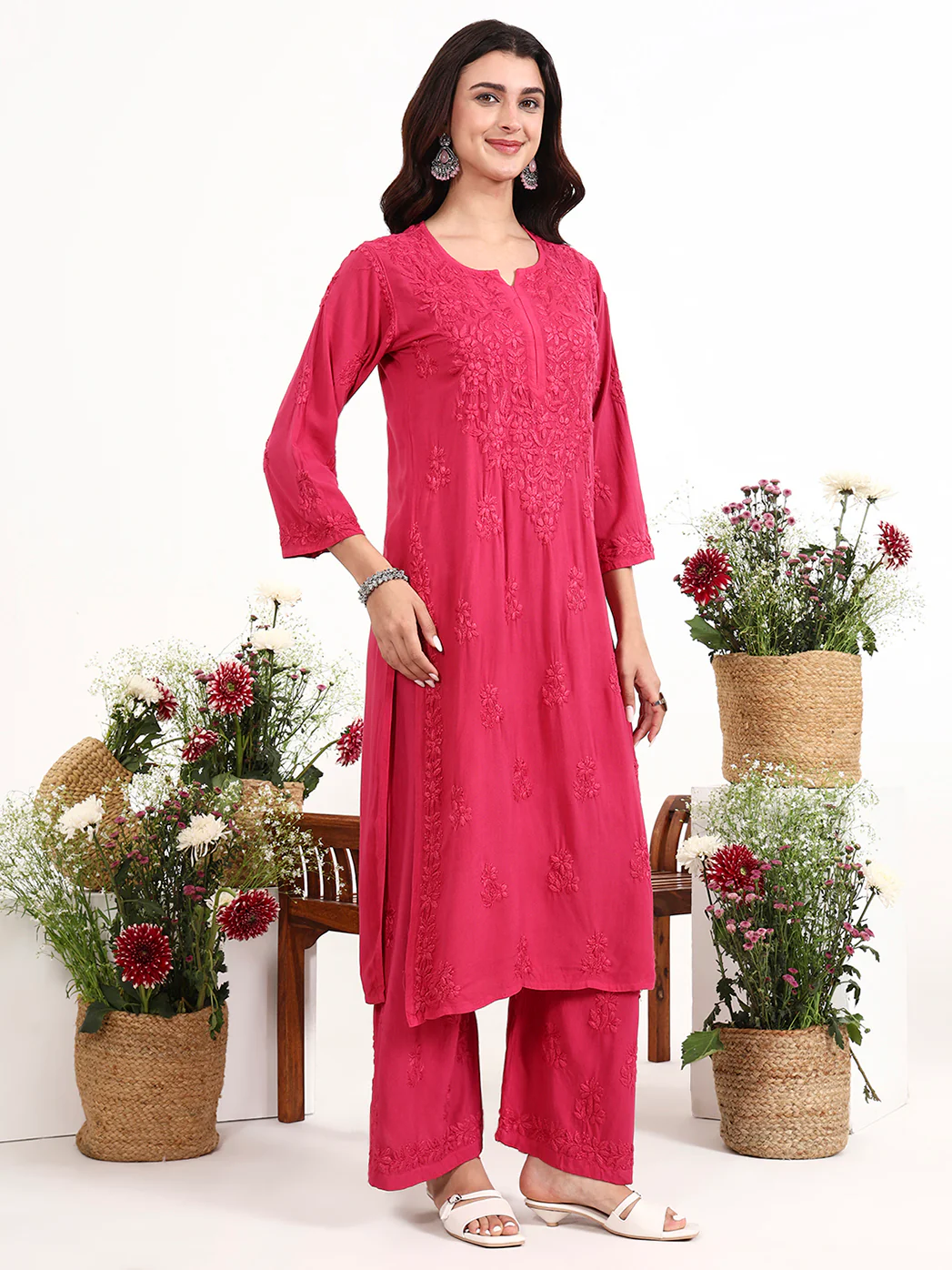 Qirat Rayon Chikankari Kurti Palazzo Set - Pink - Image 5
