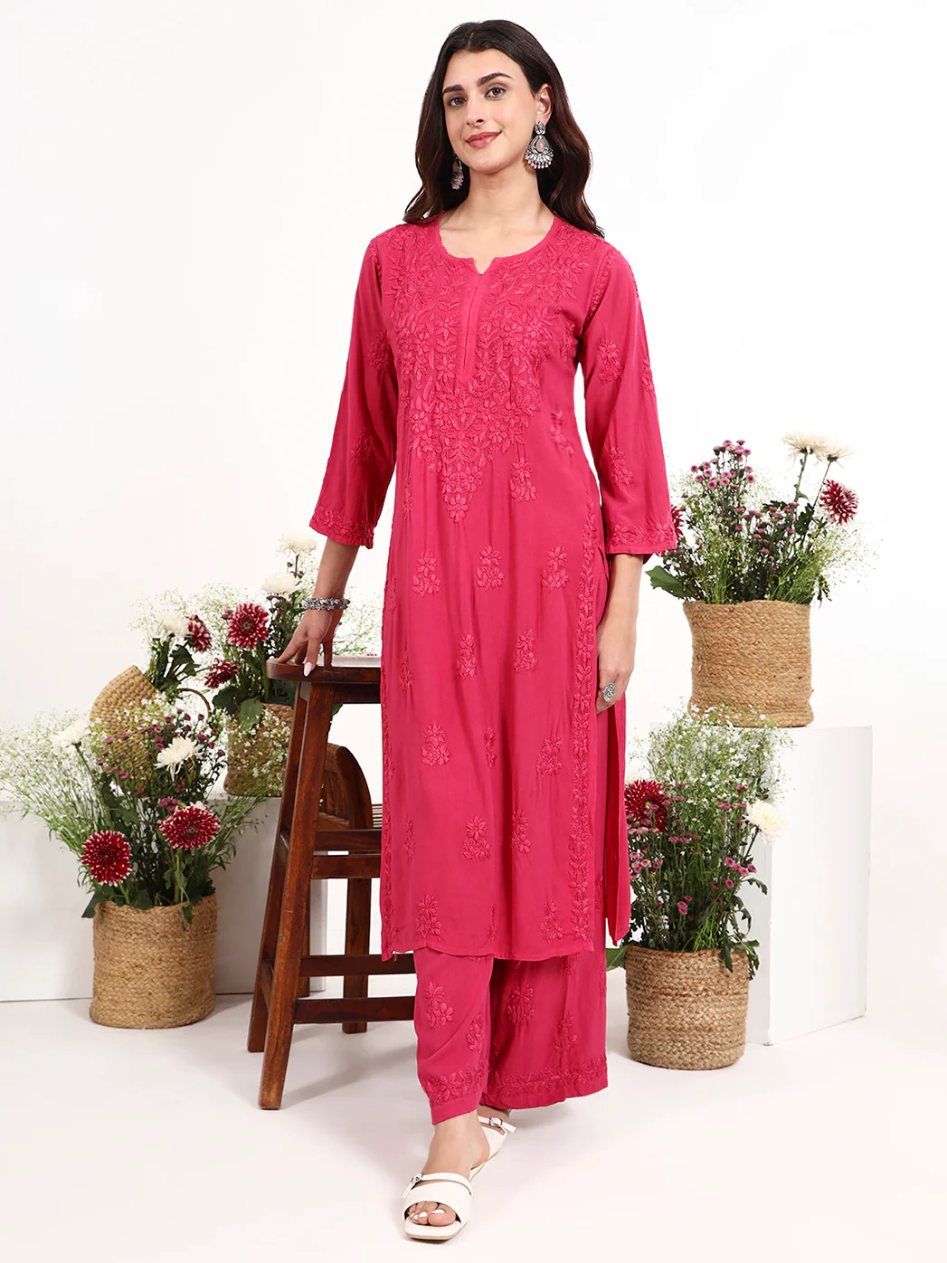 Qirat Rayon Chikankari Kurti Palazzo Set - Pink - Image 6