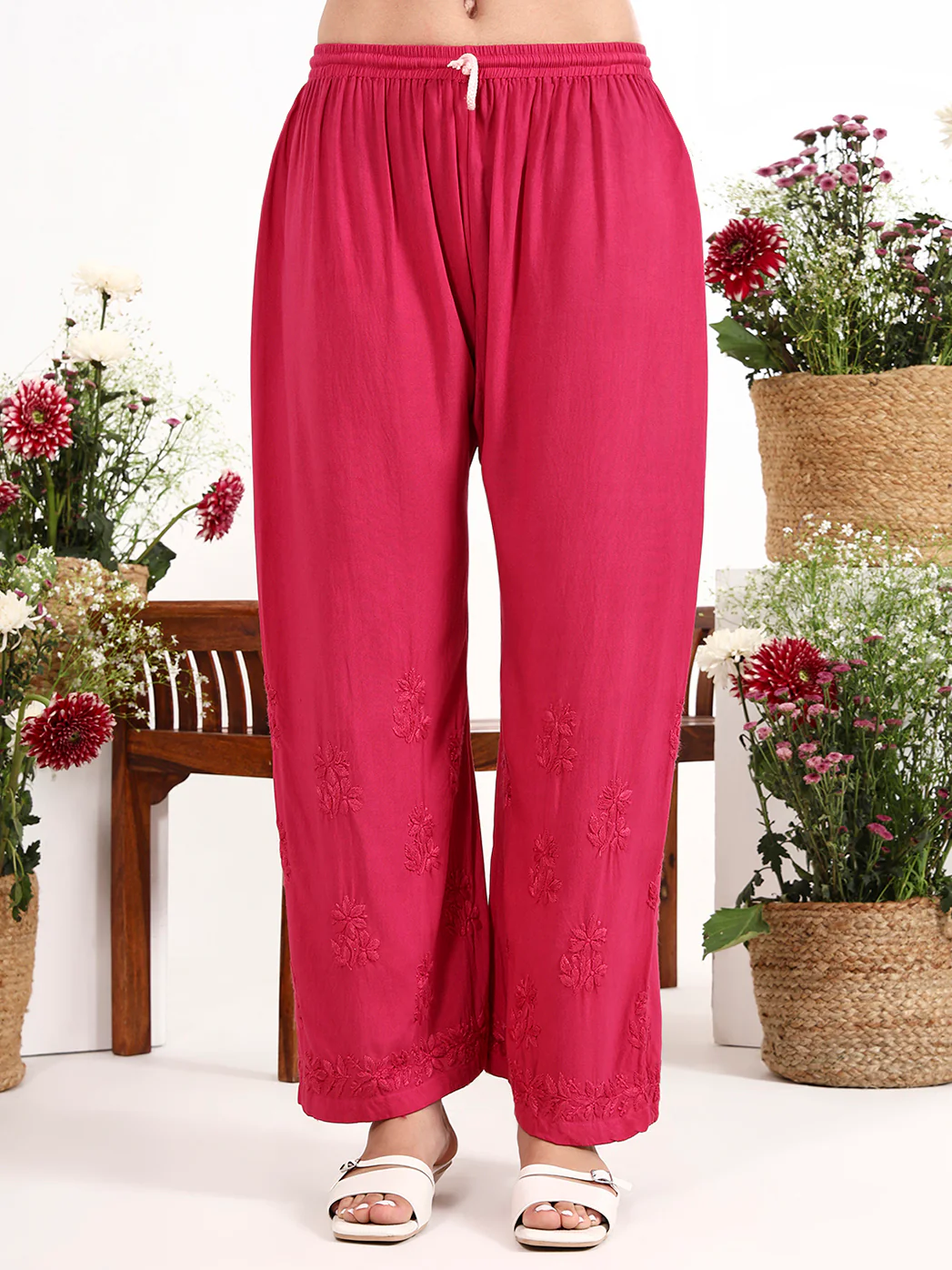 Qirat Rayon Chikankari Kurti Palazzo Set - Pink - Image 7