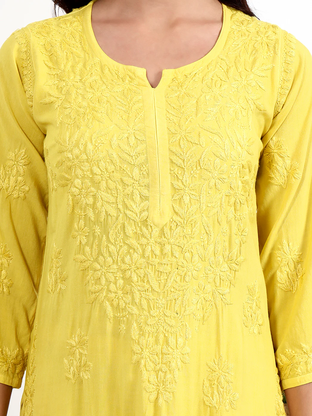 Qirat Rayon Chikankari Kurti Palazzo Set - Yellow - Image 2