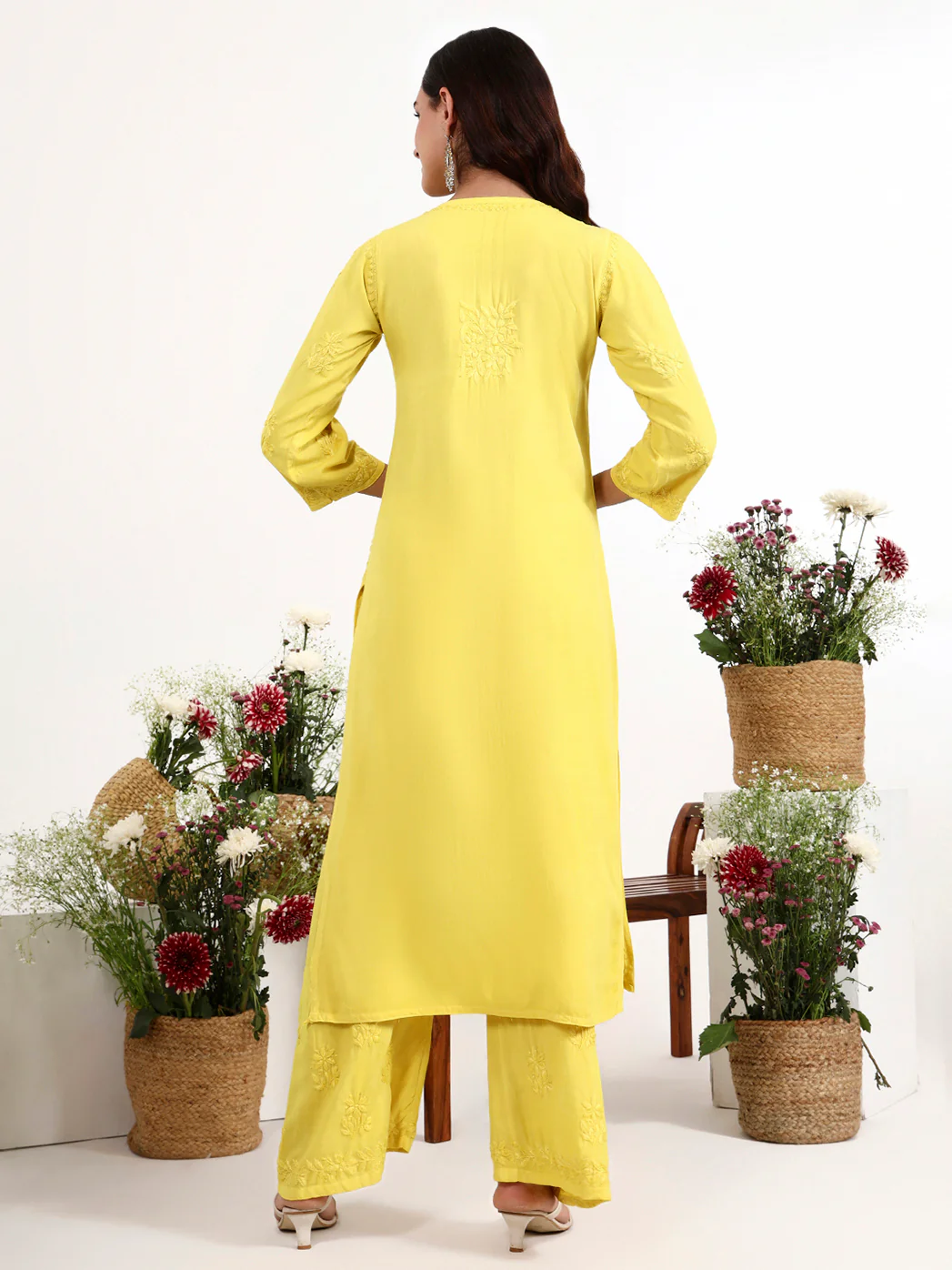 Qirat Rayon Chikankari Kurti Palazzo Set - Yellow - Image 3
