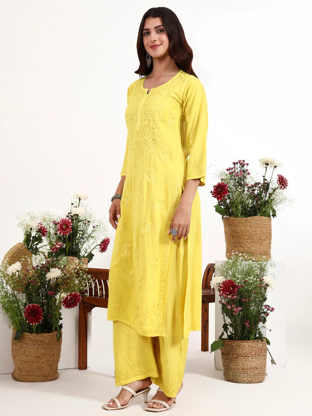 Qirat Rayon Chikankari Kurti Palazzo Set - Yellow - Image 4
