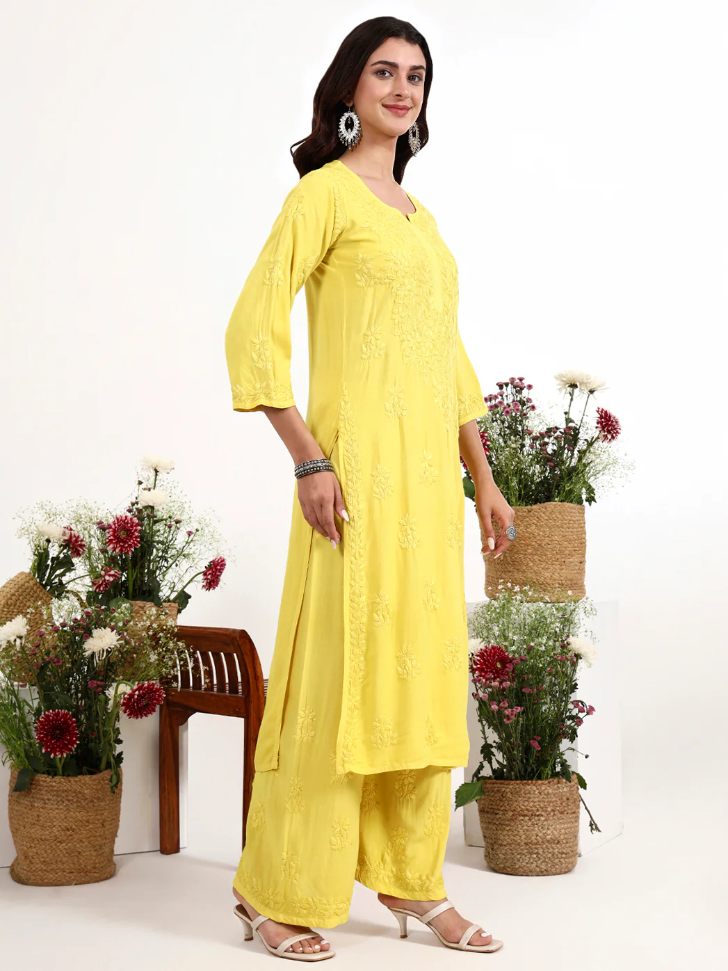 Qirat Rayon Chikankari Kurti Palazzo Set - Yellow - Image 5