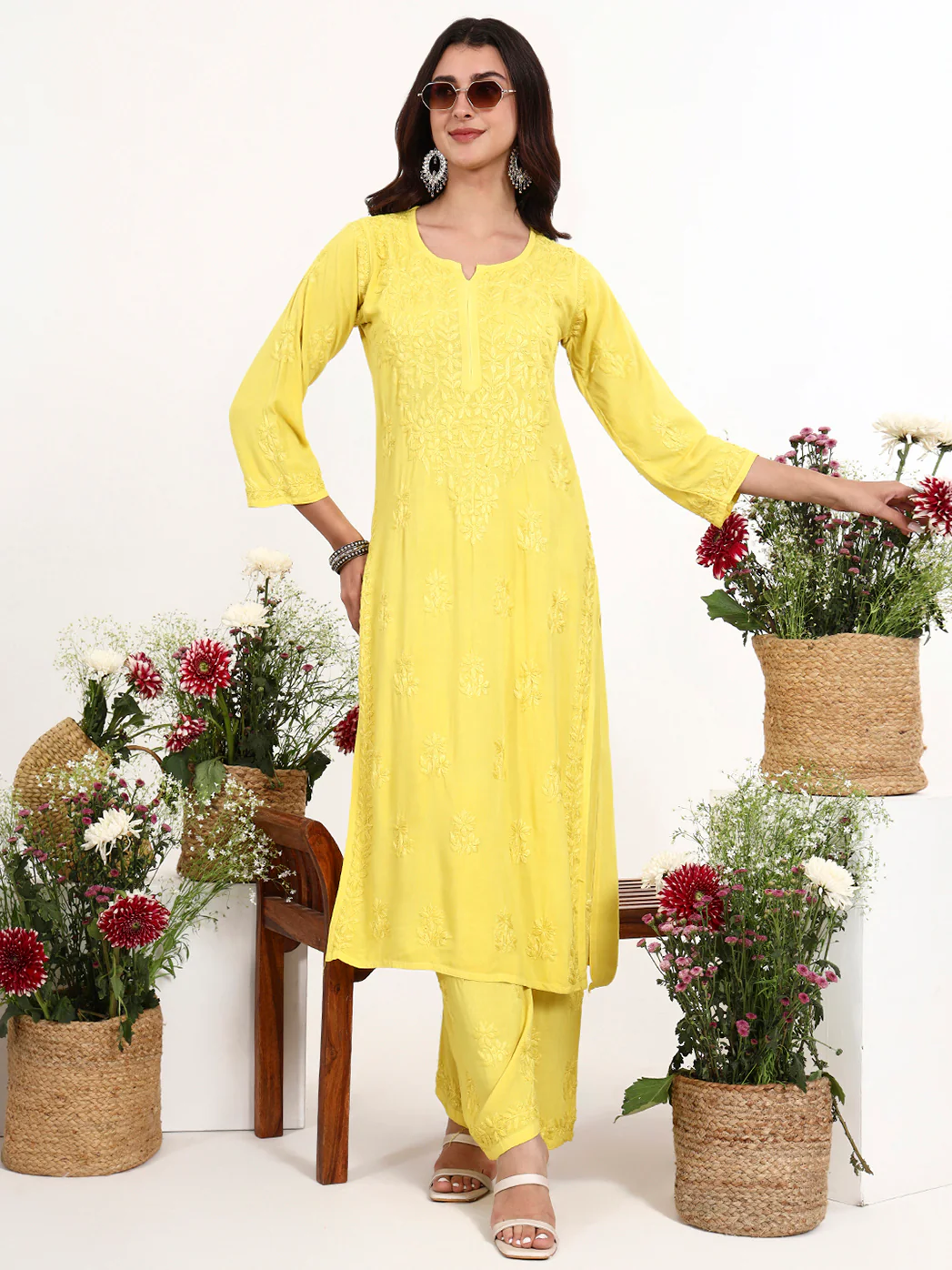 Qirat Rayon Chikankari Kurti Palazzo Set - Yellow - Image 6