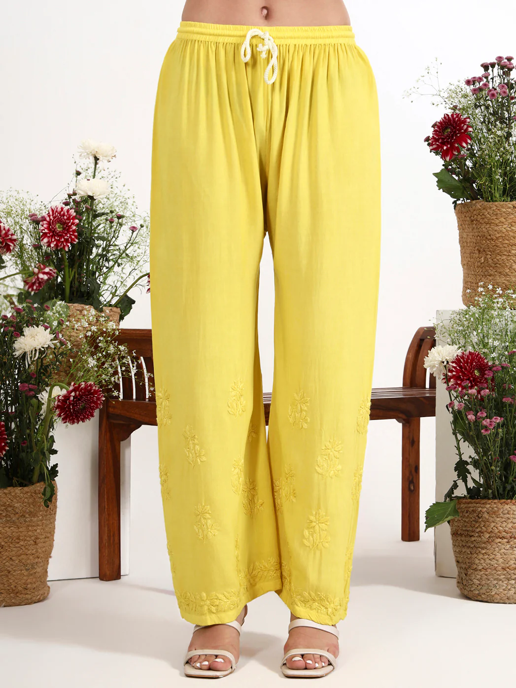 Qirat Rayon Chikankari Kurti Palazzo Set - Yellow - Image 7