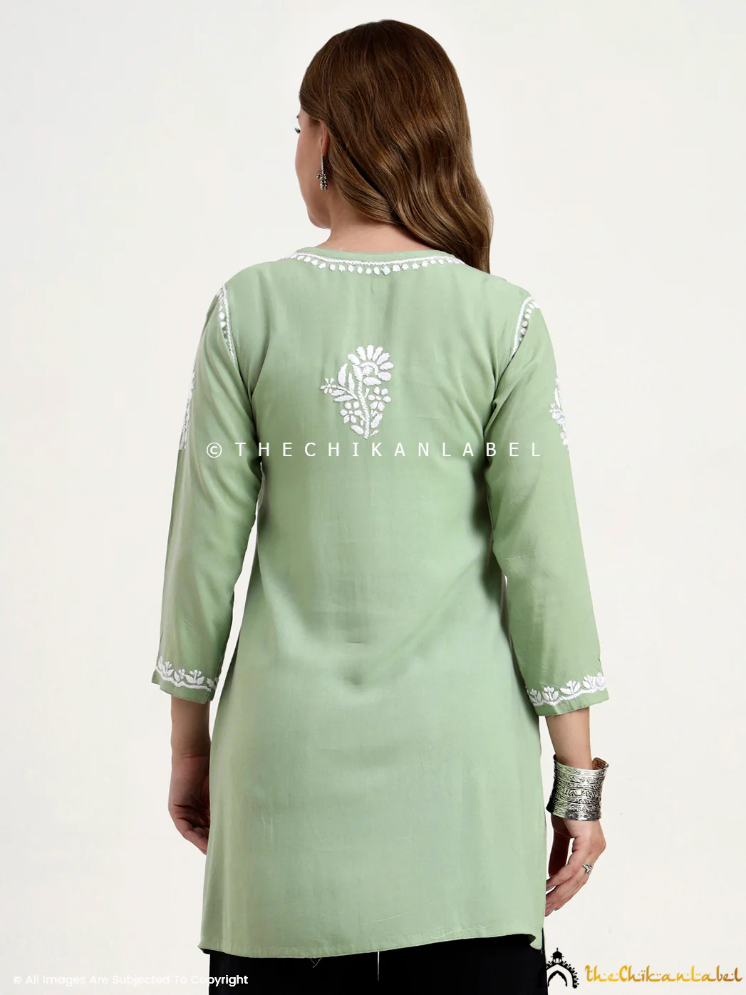 Ragavi Rayon Chikankari Short Top - Pista Green - Image 3