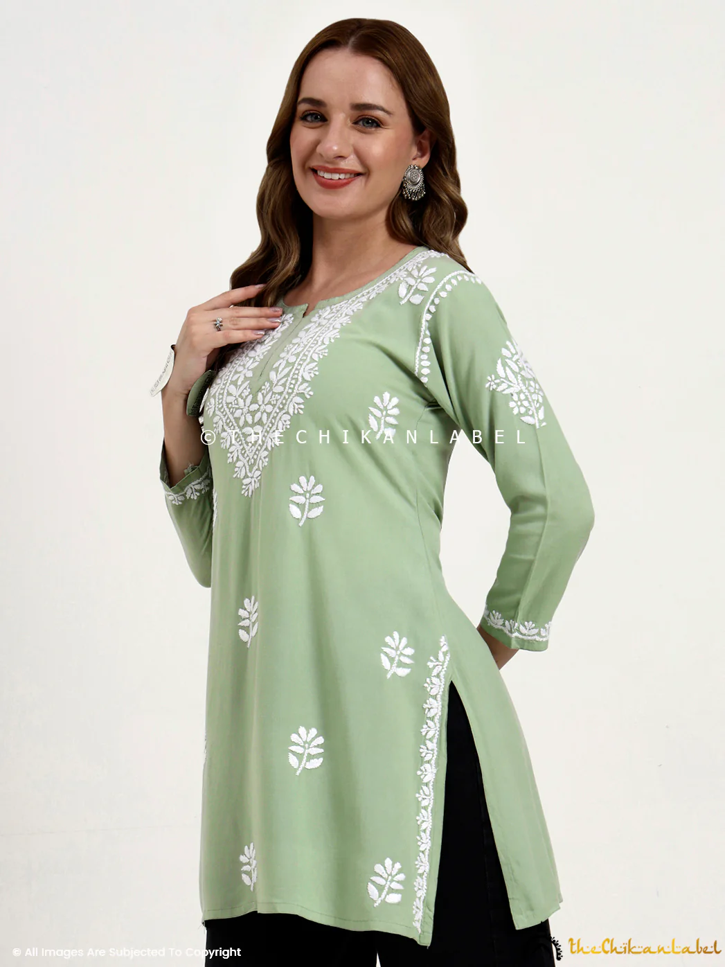 Ragavi Rayon Chikankari Short Top - Pista Green - Image 4