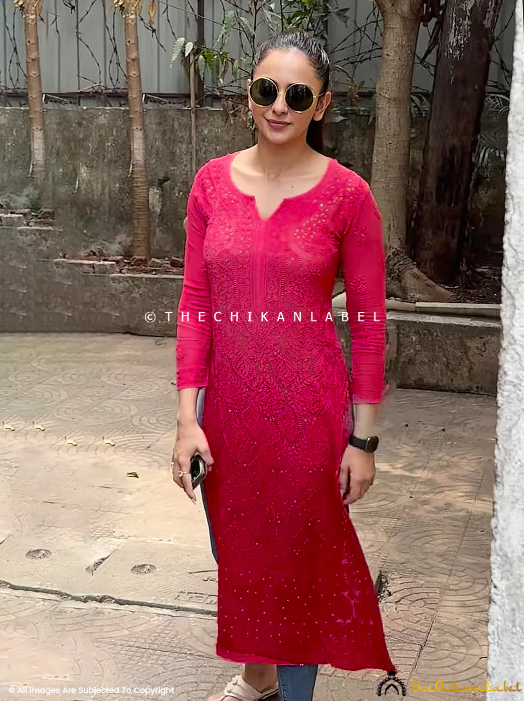 Rakul Preet Red Viscose Chikankari Straight Kurti - Image 2