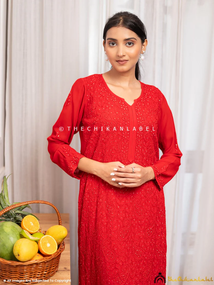 Rakul Preet Red Viscose Chikankari Straight Kurti - Image 3
