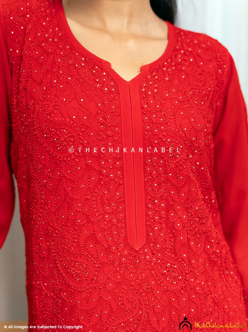 Rakul Preet Red Viscose Chikankari Straight Kurti - Image 4