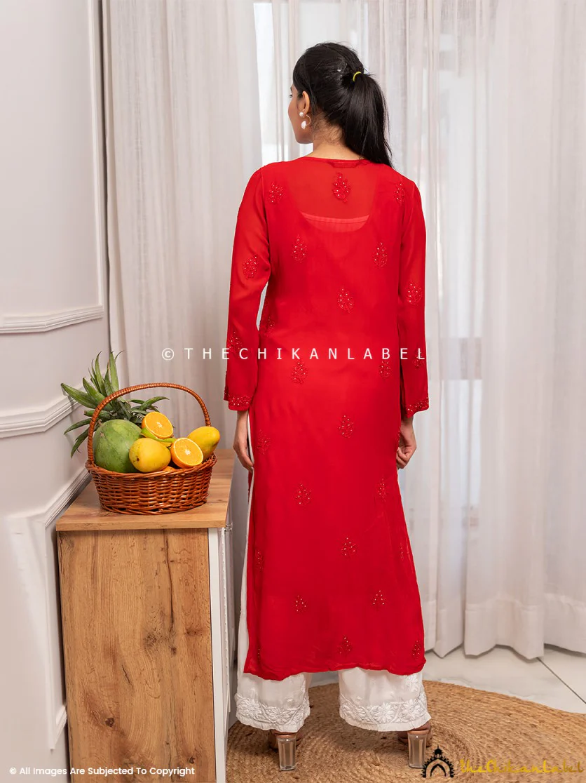 Rakul Preet Red Viscose Chikankari Straight Kurti - Image 5