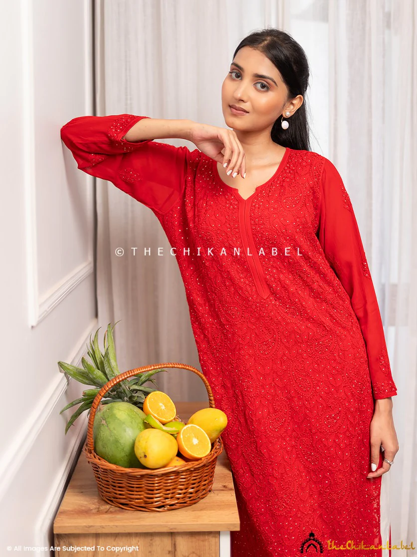 Rakul Preet Red Viscose Chikankari Straight Kurti - Image 7