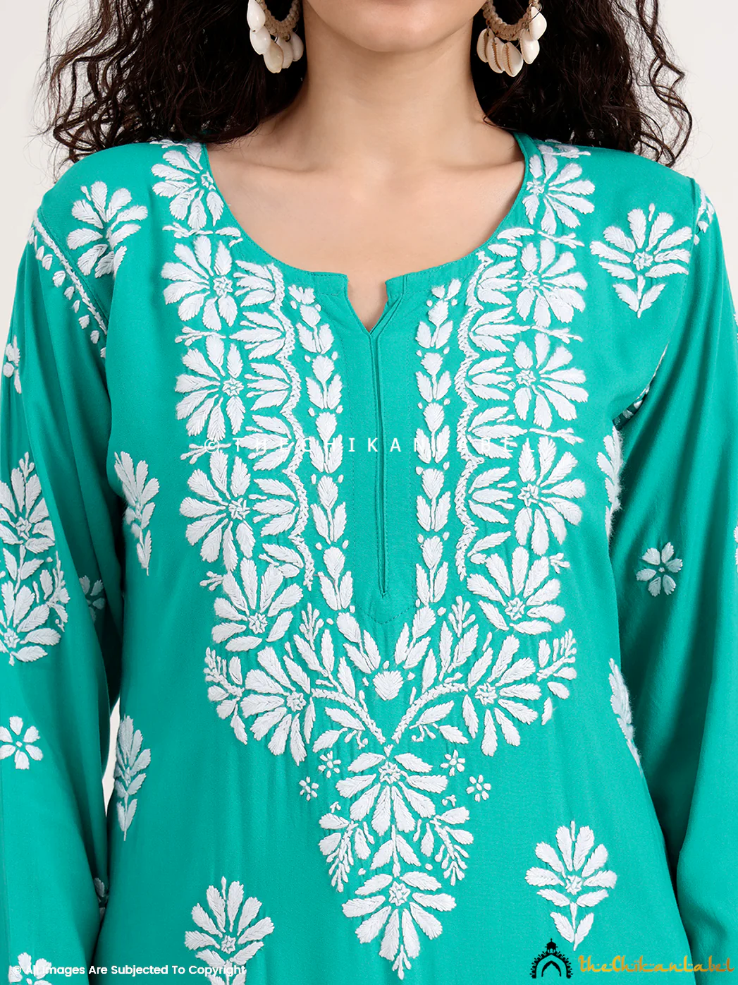 Saira Rayon Straight Chikankari Kurti - Rama Green - Image 2