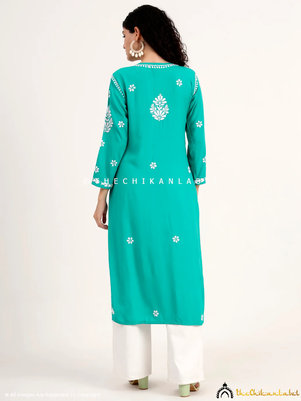 Saira Rayon Straight Chikankari Kurti - Rama Green - Image 3