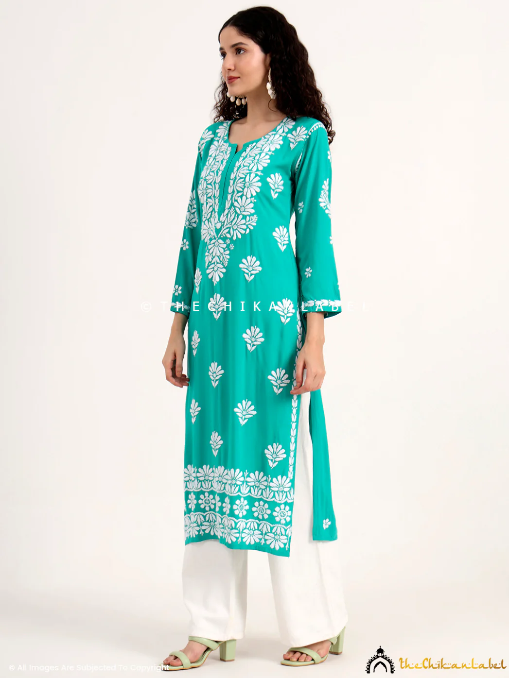 Saira Rayon Straight Chikankari Kurti - Rama Green - Image 4