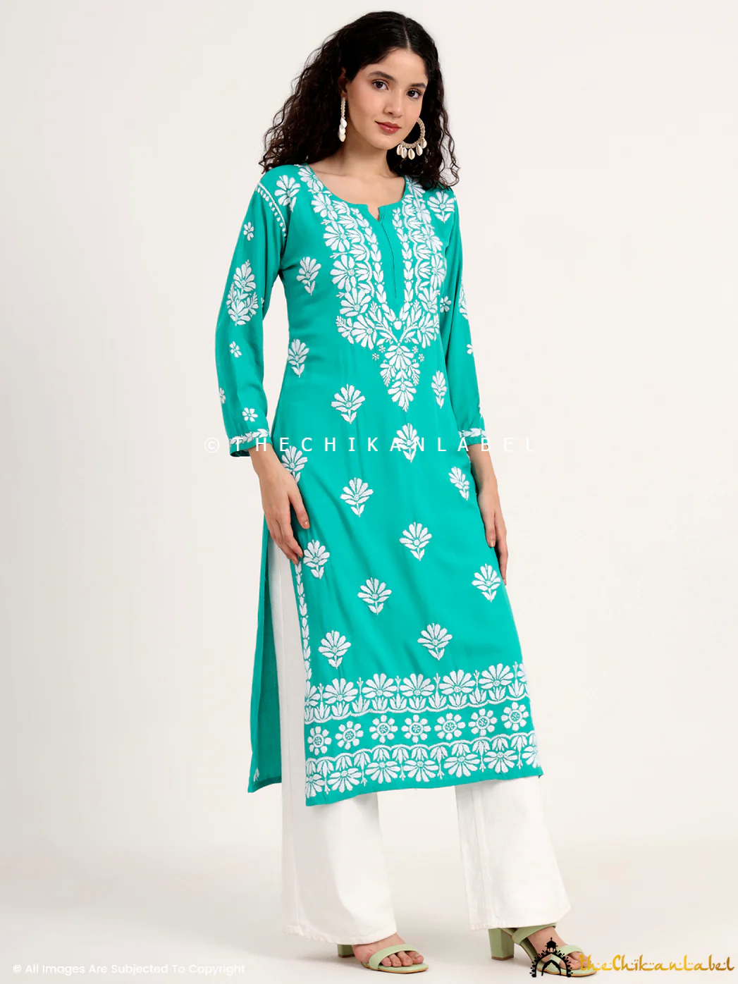 Saira Rayon Straight Chikankari Kurti - Rama Green - Image 5