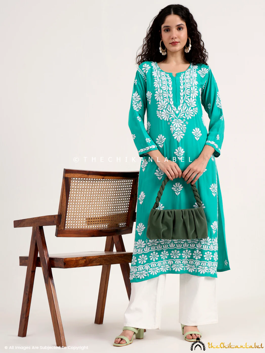 Saira Rayon Straight Chikankari Kurti - Rama Green - Image 6