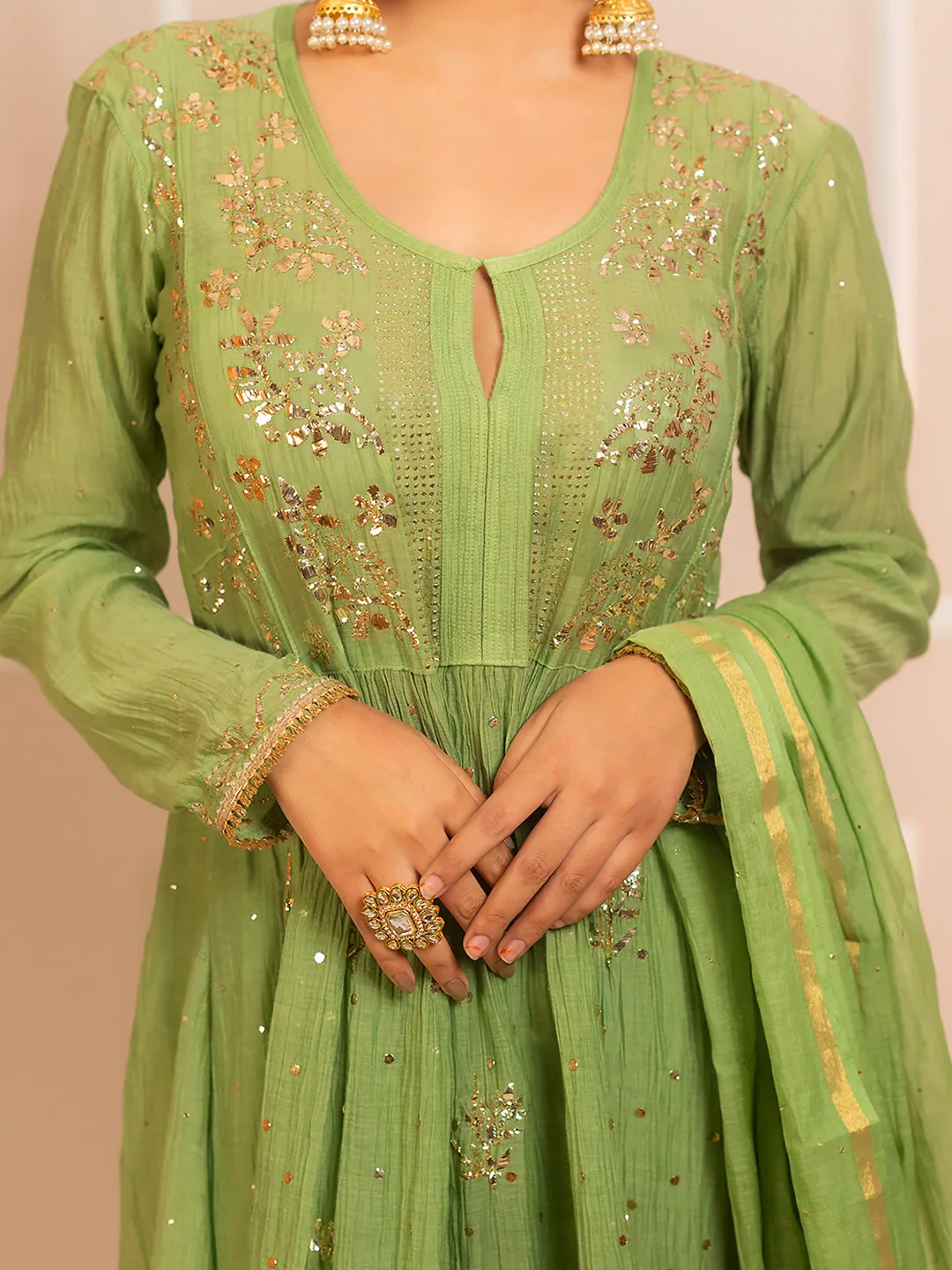 Rang-E-Tyohaar Mul Chanderi Chikankari Kurta Set - Green - Image 7