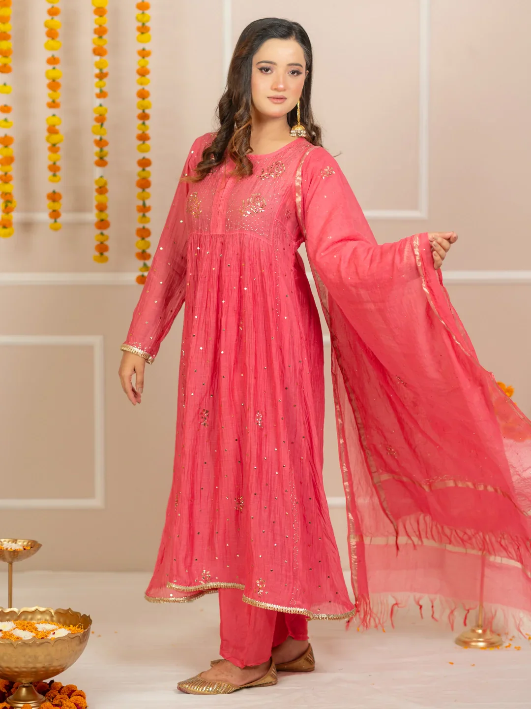 Rang-E-Tyohaar Mul Chanderi Chikankari Kurta Set - Peach - Image 5