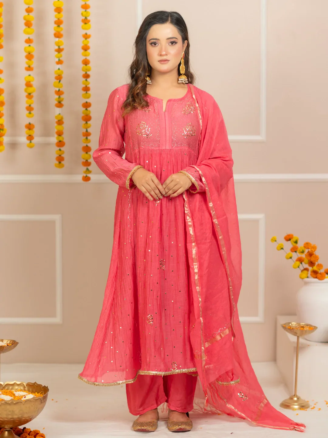Rang-E-Tyohaar Mul Chanderi Chikankari Kurta Set - Peach - Image 6