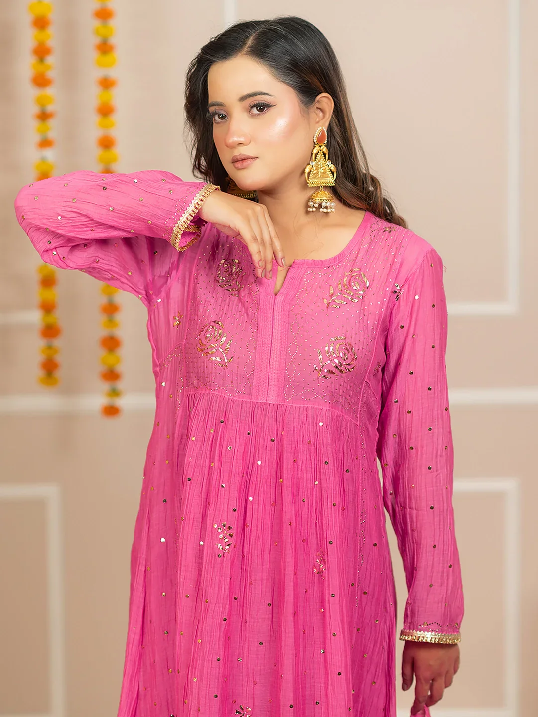 Rang-E-Tyohaar Mul Chanderi Chikankari Kurta Set - Pink - Image 2