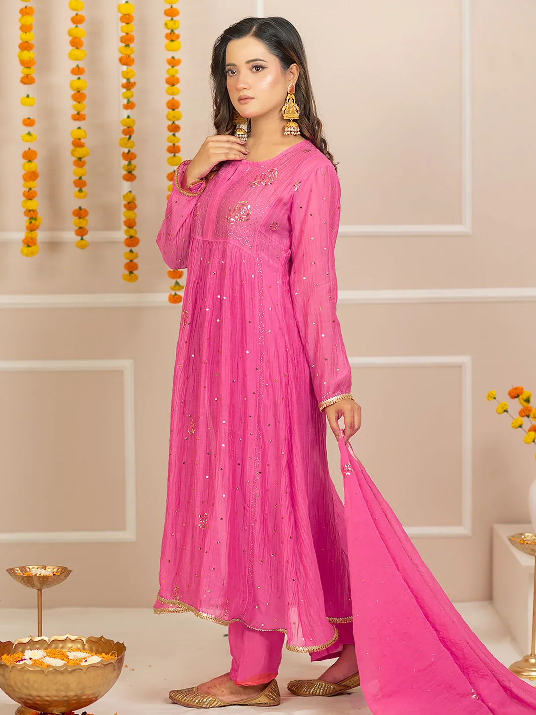 Rang-E-Tyohaar Mul Chanderi Chikankari Kurta Set - Pink - Image 3