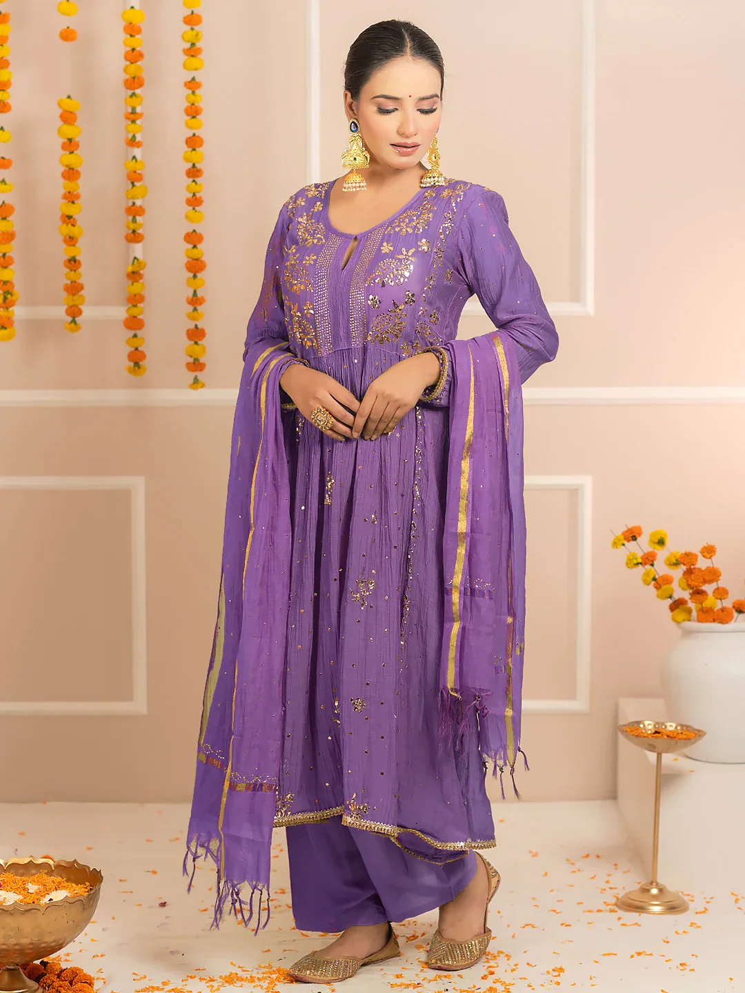 Rang-E-Tyohaar Mul Chanderi Chikankari Kurta Set - Purple
