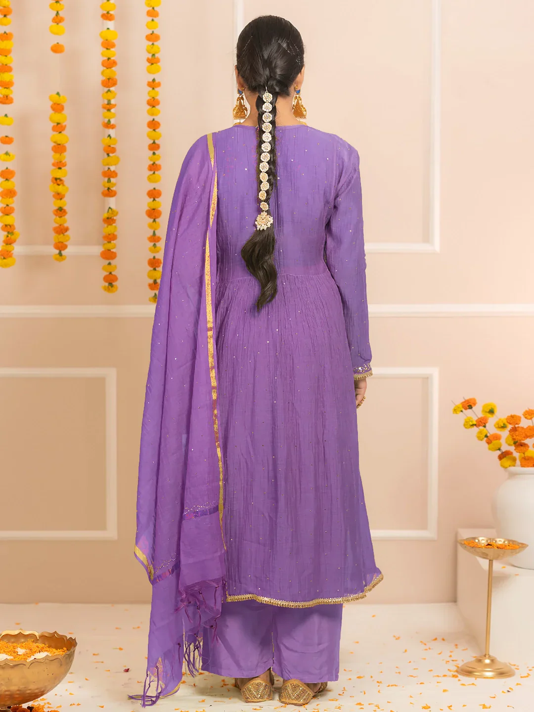 Rang-E-Tyohaar Mul Chanderi Chikankari Kurta Set - Purple - Image 3
