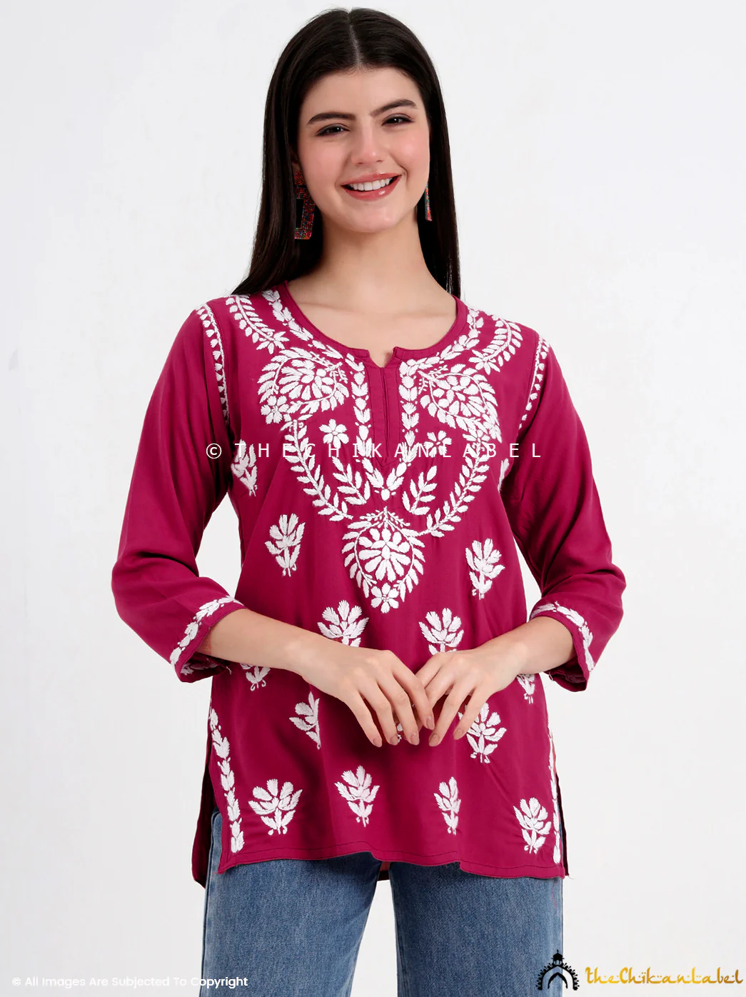 Chahat Rayon Chikankari Short Top - Rani Pink