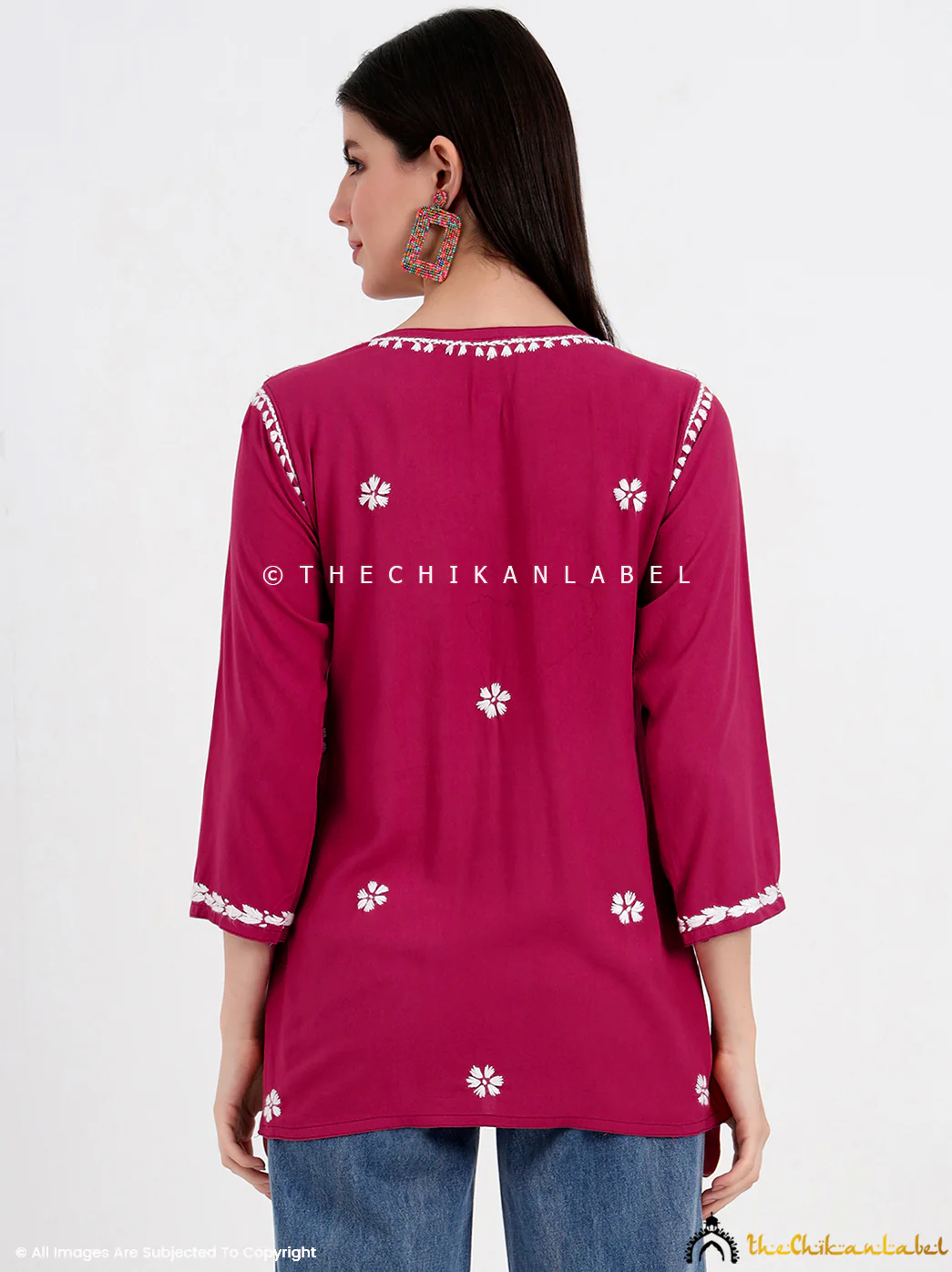Chahat Rayon Chikankari Short Top - Rani Pink - Image 3