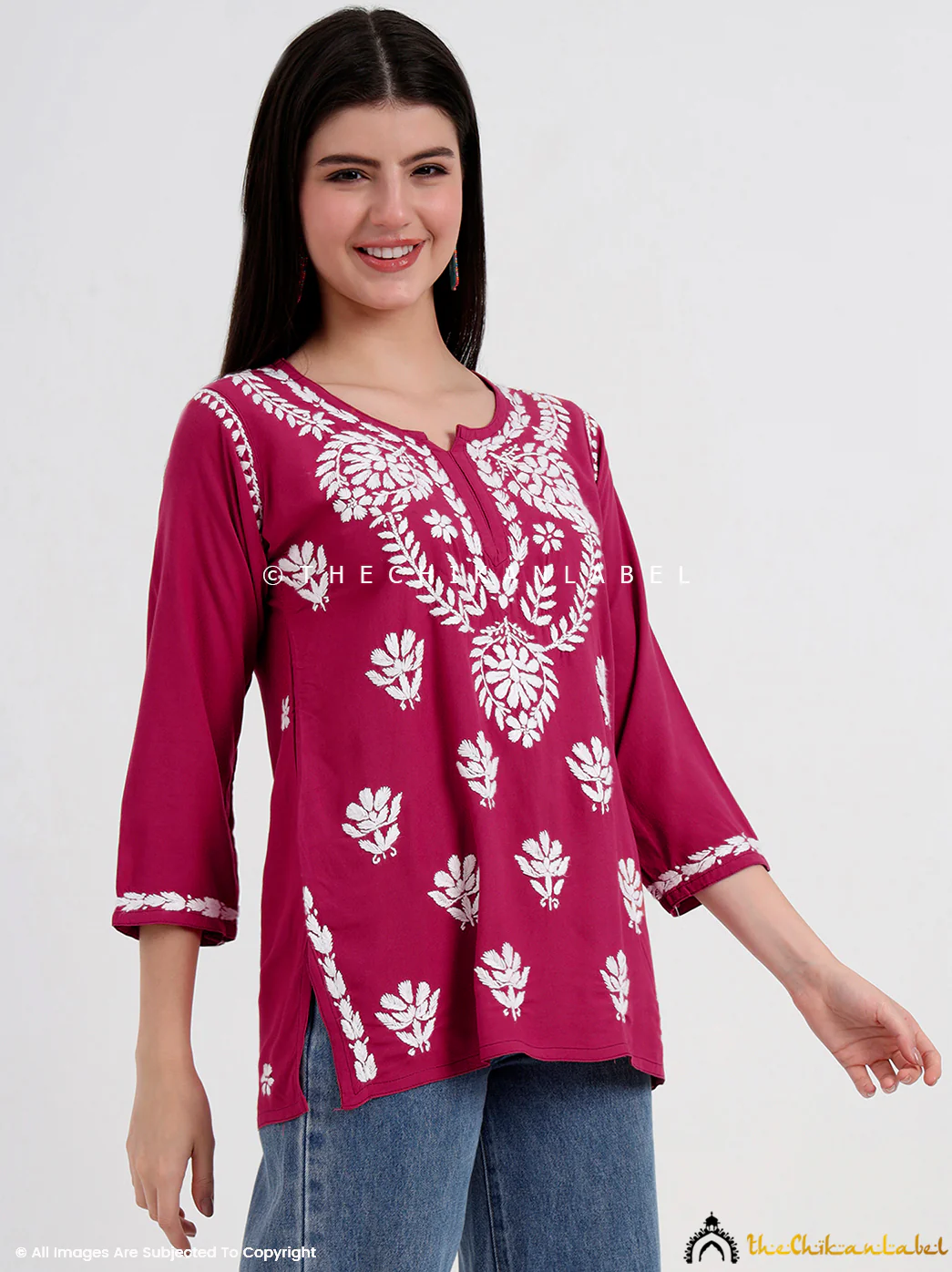 Chahat Rayon Chikankari Short Top - Rani Pink - Image 4