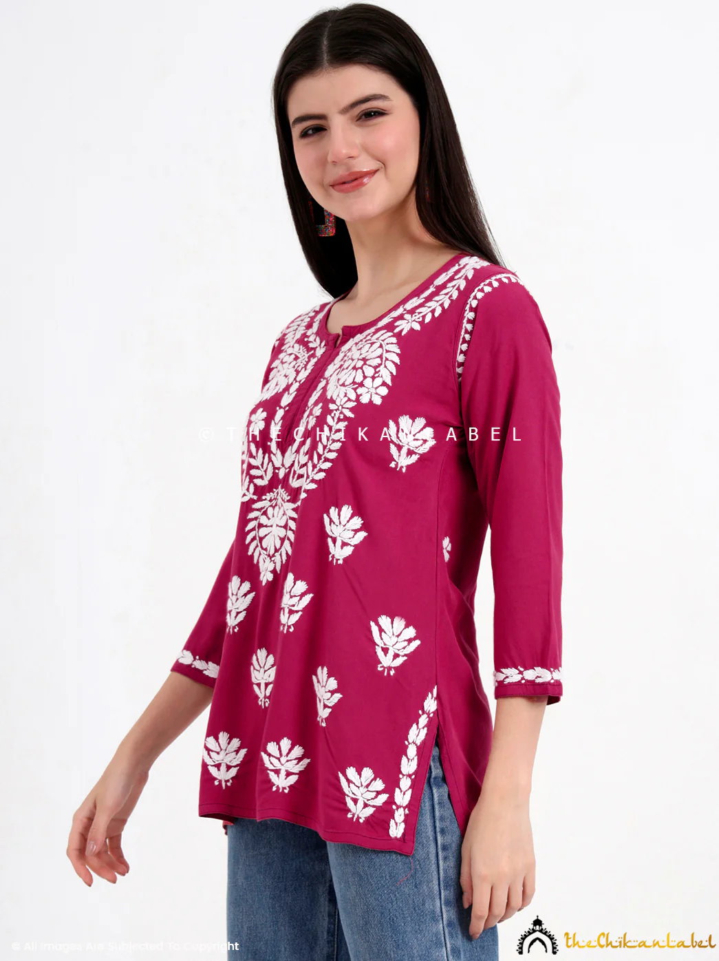 Chahat Rayon Chikankari Short Top - Rani Pink - Image 5