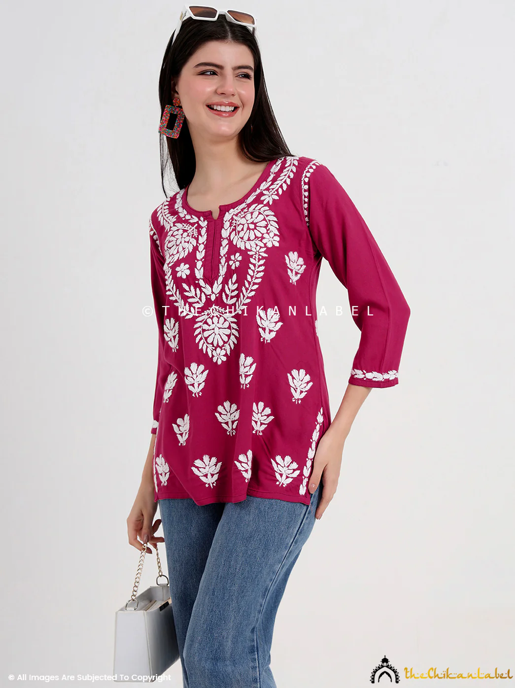 Chahat Rayon Chikankari Short Top - Rani Pink - Image 6
