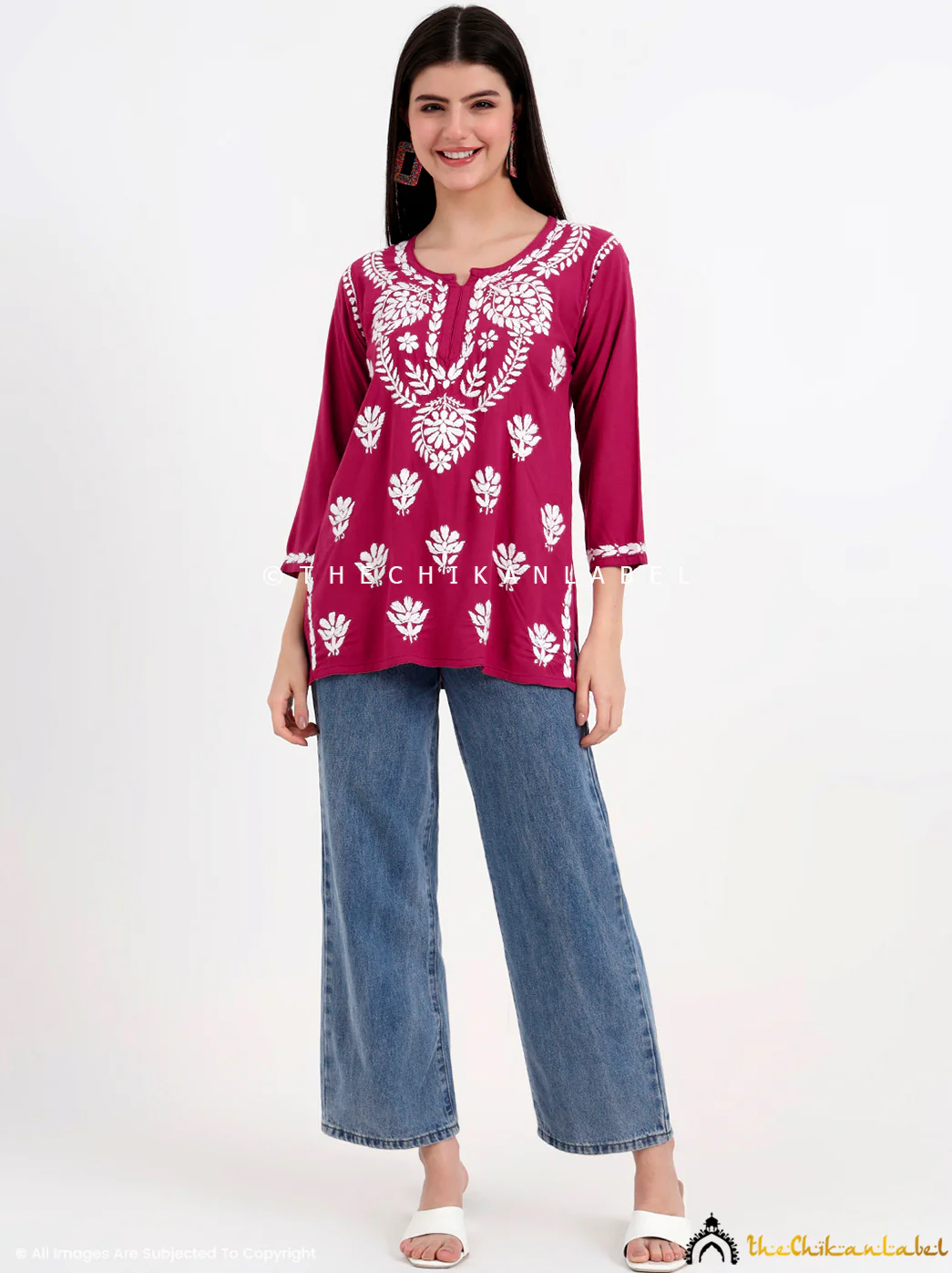 Chahat Rayon Chikankari Short Top - Rani Pink - Image 7